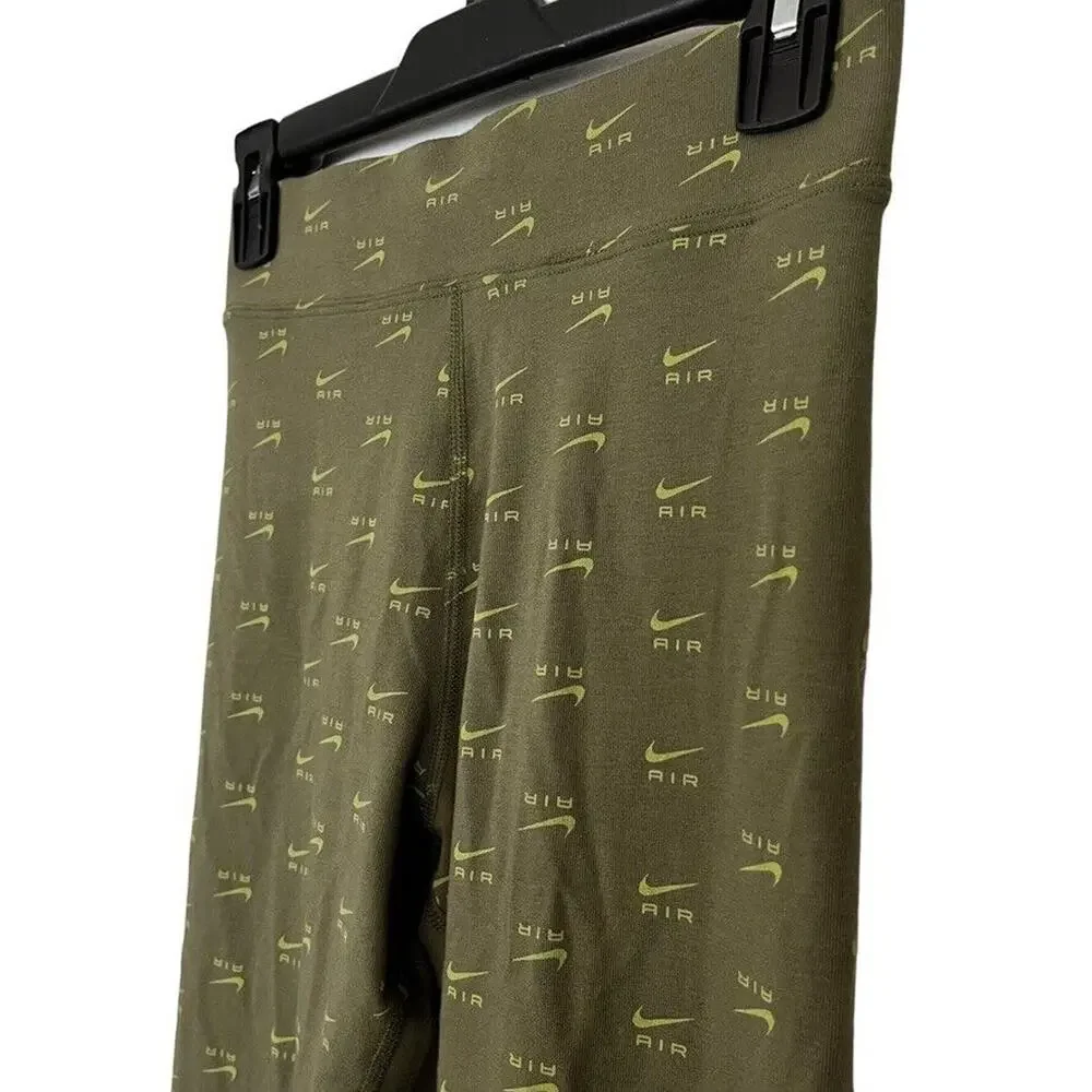 Nike High Waisted Print Leggings Pants Olive Green Spellout Logo Skinny NWT S